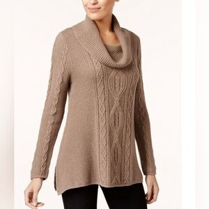 JEANNE PIERRE Cotton Cable Knit Cowl Neck Sweater Tan Sz XL